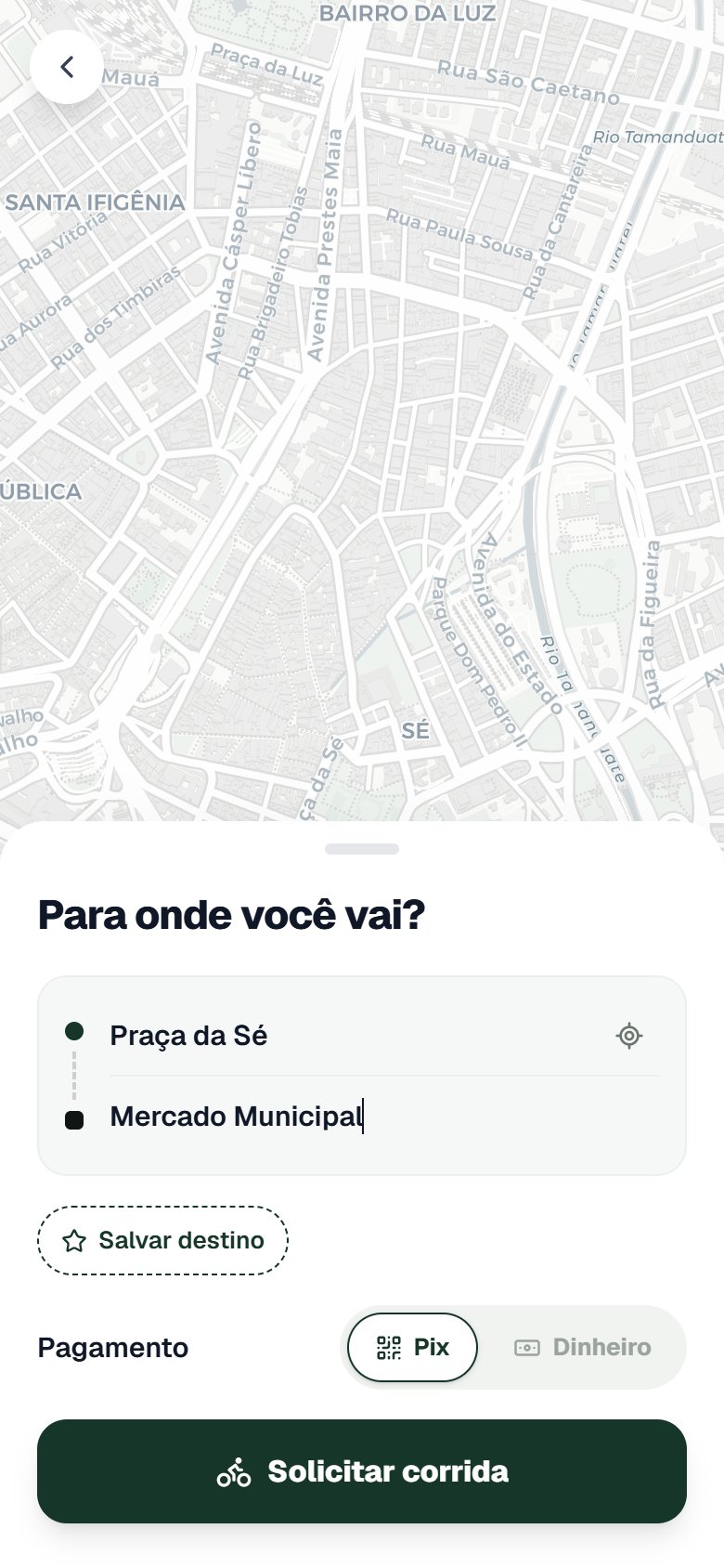 Pedir corrida com rota e Pix